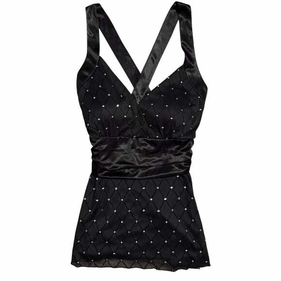 R & M Richards Tops - Y2K Black Rhinestone Satin Babydoll Top Size 10P McBling Whimsygoth Vibes